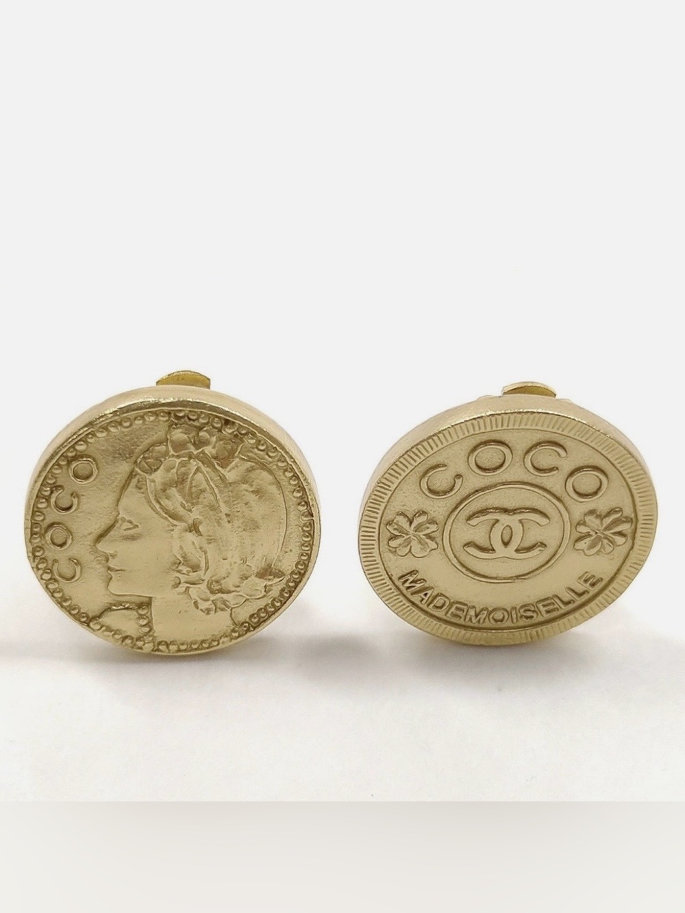 CHANEL Vintage Extr RARE 24K Gold Plated Coin Mademoiselle Medallion Earrings